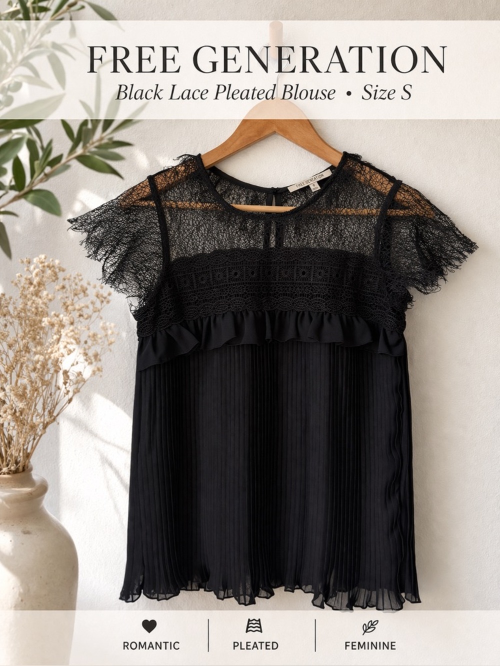 Free Generation Black Lace Pleated Blouse Size S